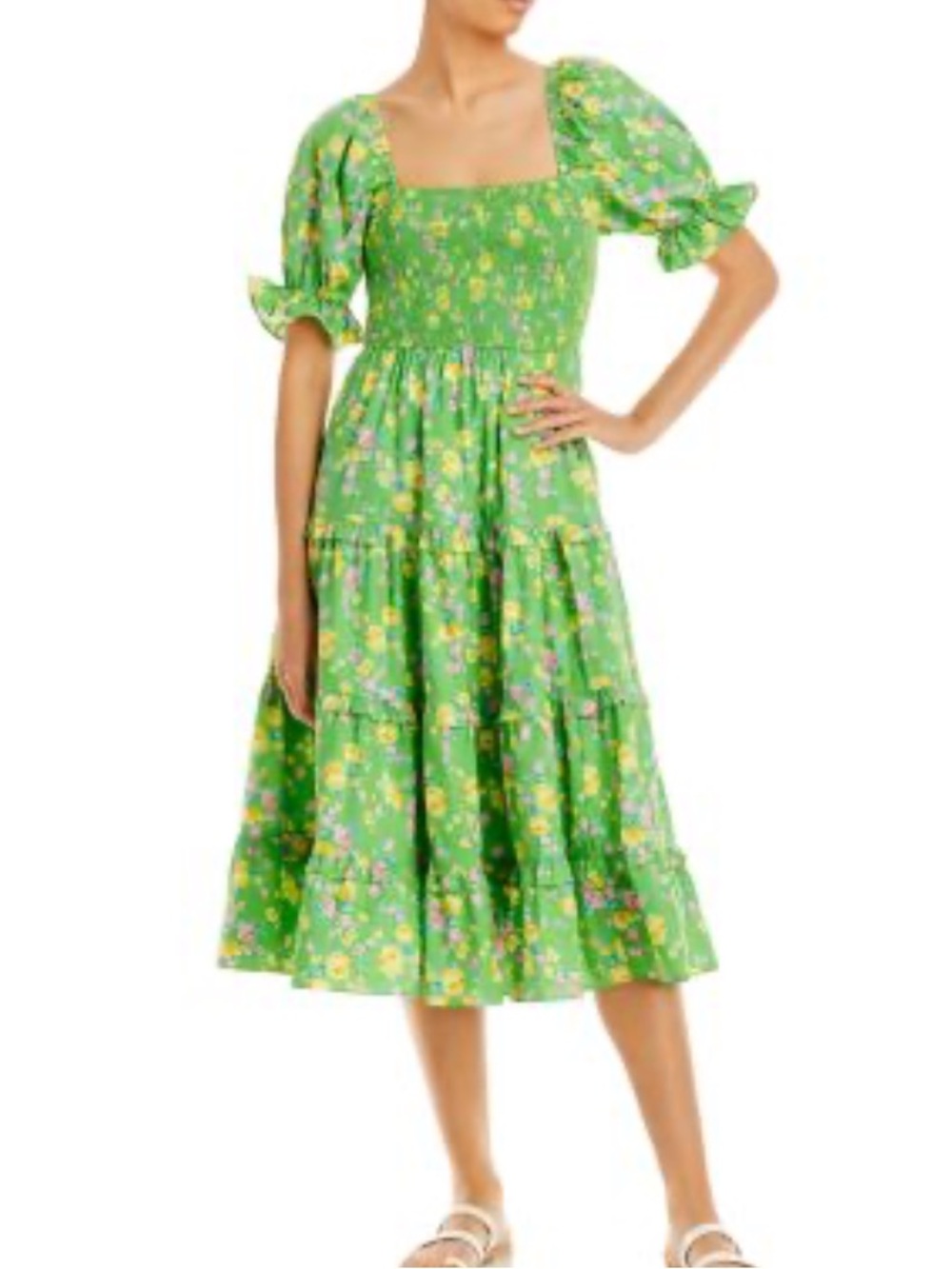 Moon River Bright Green Floral Print Smocked Tiered Midi Dress - Like New